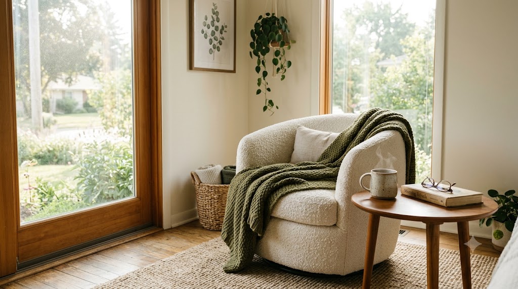 Ivory Bouclé Swivel Accent Chairs in Morning Nooks